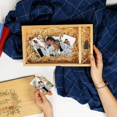 Wedding Gifts Personalized Wooden Photo Keepsake Box with USB Flash Drive