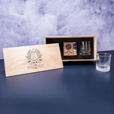 Wooden Boxed Glasgow Set of 2 Whiskey Glasses